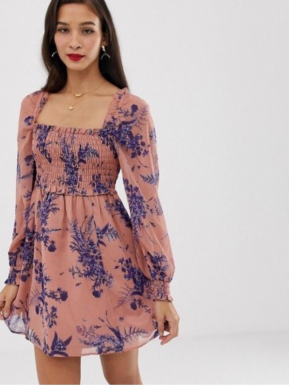 ASOS DESIGN shirred square neck mini skater dress in vintage floral size 10